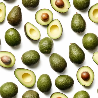 Repeating pattern featuring close-up images of fresh avocados on a clean white background.