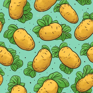 A seamless pattern of potato leaves and potatoes in yellow and cyan on a blue background.