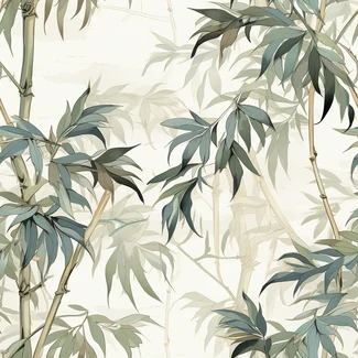 Bamboo pattern featuring realistic depictions of bamboo branches in muted tones, heavily influenced by traditional Chinese art, with twisted branches and intricate porcelain details on an aqua and white background.