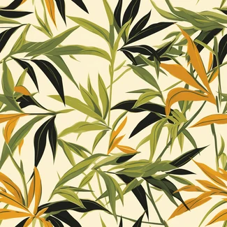 A seamless pattern of bamboo leaves in orange and black on a light yellow and emerald green background