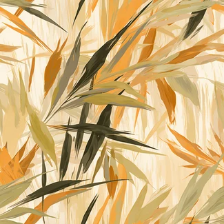 Bamboo leaves in muted colors of beige and orange on a white background create an organic, naturalistic composition in this beautiful seamless pattern.