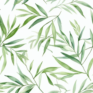 Bamboo leaf watercolor seamless pattern illustration in white and green
