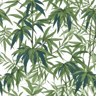 Illustration of bamboo leaves in a naturalistic style with detailed penciling and delicate shades of navy and green.