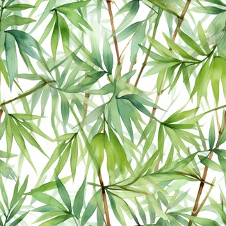 Bamboo leaves watercolor seamless pattern with delicate shades of green and amber on a white background.
