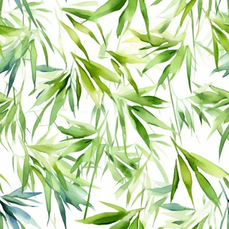 A watercolor pattern of green bamboo leaves on a white background.