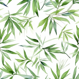 A seamless watercolor pattern featuring green bamboo leaves on a white background.