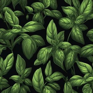 Basil botanical illustration on black background, hyper-detailed green leaves