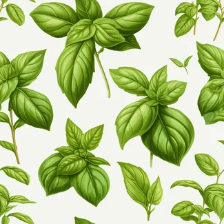 A seamless pattern featuring different shades of green basil leaves in traditional poses.