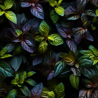A close-up view of basil leaves with highly detailed foliage and earthy textures on a dark background.