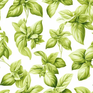 A botanical illustration of green basil leaves on a white background.