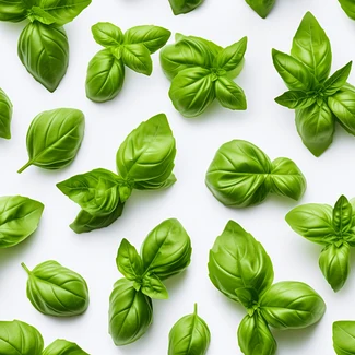 A repeating pattern of fresh basil leaves on a white background.