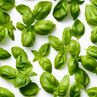 A swirling vortex of green basil leaves arranged in a repetitive manner on a white background.