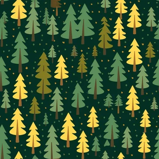 Colorful pine trees pattern with stars on a dark green and brown background.