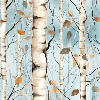 A repeating pattern featuring delicate birch trees and leaves in shades of light blue and brown.