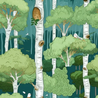 A whimsical forest scene featuring birch trees, birds, and butterflies.