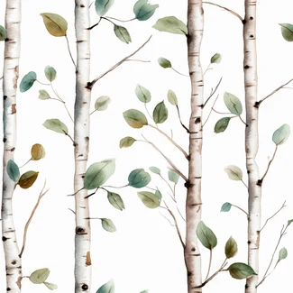 Birch leaves watercolor wallpaper with green and brown leaves on a white background.