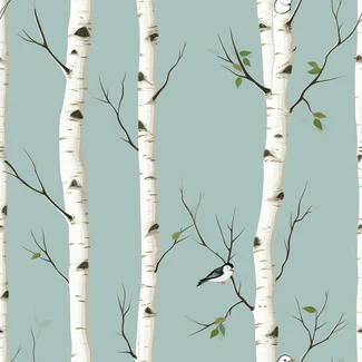 Birch tree with black and white birds on branches in light cyan and beige repeating pattern.