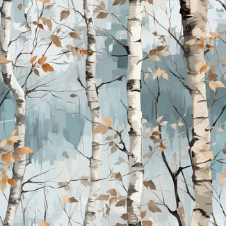 Birch Tree Autumn Pattern with gray and cyan tones, falling leaves, and birch trees in classical landscape style
