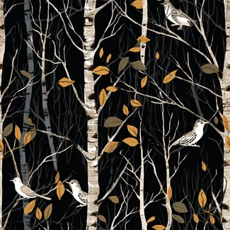 A black background with birch trees and leaves, with birds flocking in the autumn leaves.