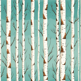 Birch trees in a repeating pattern with a light turquoise and dark brown color scheme.