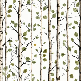 Birch Tree Forest pattern featuring birch trees with green leaves on a white background with hand-painted details of birds and leaves.