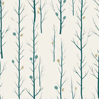 Birch Tree Forest pattern featuring branches and leaves of birch trees in a minimalist palette of teal, beige, light gold, and dark cyan
