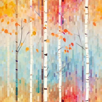 Mosaic birch tree forest with falling leaves in warm colors