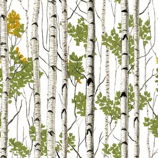 Birch trees pattern on white background with yellow leaves and green branches