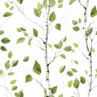 Watercolor Birch Tree pattern with delicate leaves and textured bark against a white background.