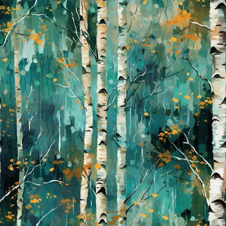 Birch Trees in Autumn Forest pattern featuring detailed foliage and teal and amber color scheme