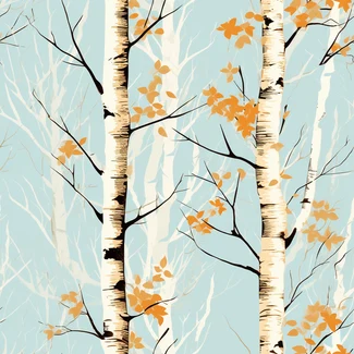A seamless pattern of Birch Trees in Autumn with twisted branches and leaves in various shades of blue, amber, cyan, beige, and gray.