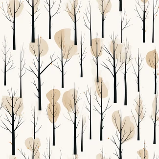 Birch Trees pattern featuring black leaves on a light beige and light amber background with a mid-century illustration vibe.