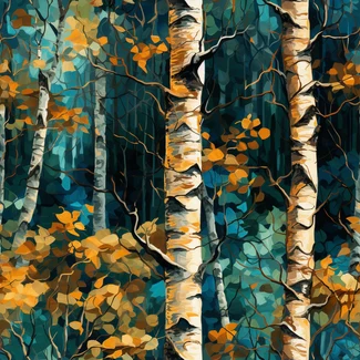A portrait painting of birch trees in a forest, painted in dark teal and amber.