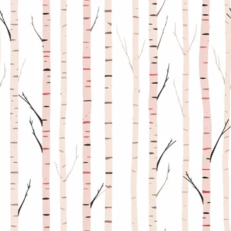 A seamless pattern featuring birch trees on a white background with light pink, dark brown, red, and black accents.