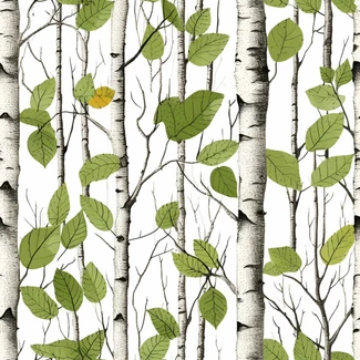 Birch tree pattern with a white background and graphic illustration, featuring a forest of birch trees with green and yellow leaves and small birds.