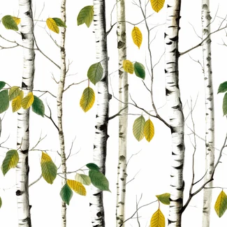 Birch Trees wallpaper with repeating pattern of slender white birch trees with delicate yellow leaves set against a soft white background