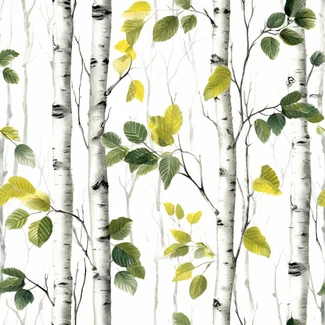 A botanical illustration of a birch forest with yellow leaves and light green and black colors on a white background.
