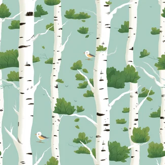A repeating pattern of cartoon birch trees with birds and leaves in light emerald and white colors