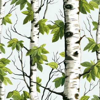 A seamless pattern featuring birch trees with leaves on a white background.