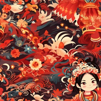 Asian girl in bird's nest, surrounded by flora and fauna in a carnival-like atmosphere