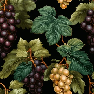 A seamless pattern featuring black grapes and their surrounding foliage on a dark background.