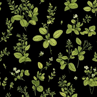 A botanical illustration of various herbs, including basil leaves, thyme, and rosemary, arranged in a seamless pattern on a black background.
