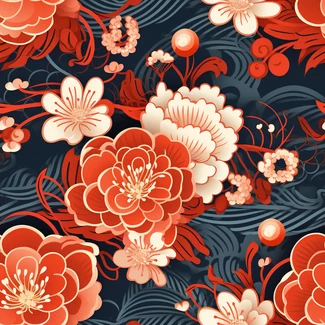 A seamless red floral pattern on a dark blue background inspired by Chinese cultural themes.