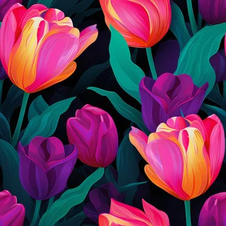 A seamless pattern of tulips and leaves on a black background