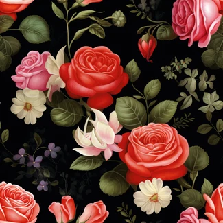 A seamless pattern of red roses and flowers on a black background.