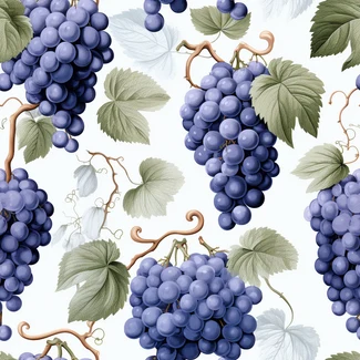 A seamless pattern of blue grapes and leaves on a white background with a trompe l'oeil effect.