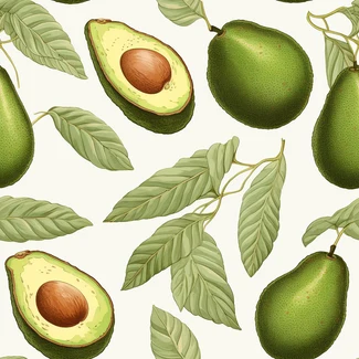 A seamless avocado pattern with green leaves on a white background.