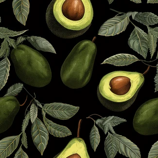 Avocado botanical illustration pattern on black background