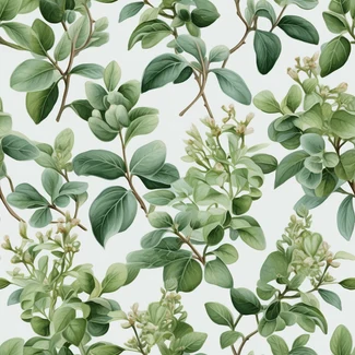 Seamless botanical pattern featuring delicate flowers and green leaves on a light gray background.