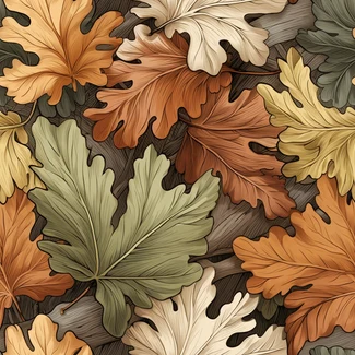 A seamless pattern of autumn leaves in a wood engraving style with dynamic color combinations and intricate details.
